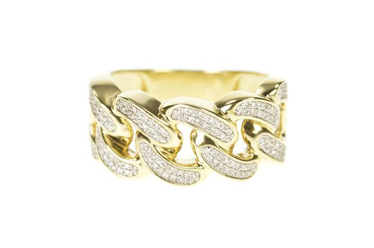 10K Yellow Gold Pave Diamond Men's Chain Design Statement Ring