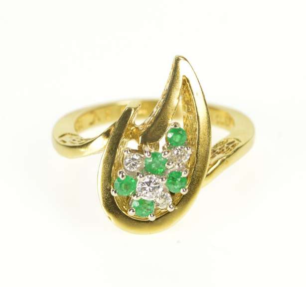 18K Yellow Gold Van Clief Emerald Diamond Retro Flame Cocktail Ring