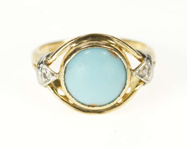 14K Yellow Gold 1930's Turquoise Diamond Accent Statement Ring