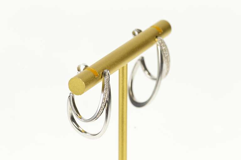 14K White Gold Diamond Curved Wavy Semi Hoop Dangle Earrings