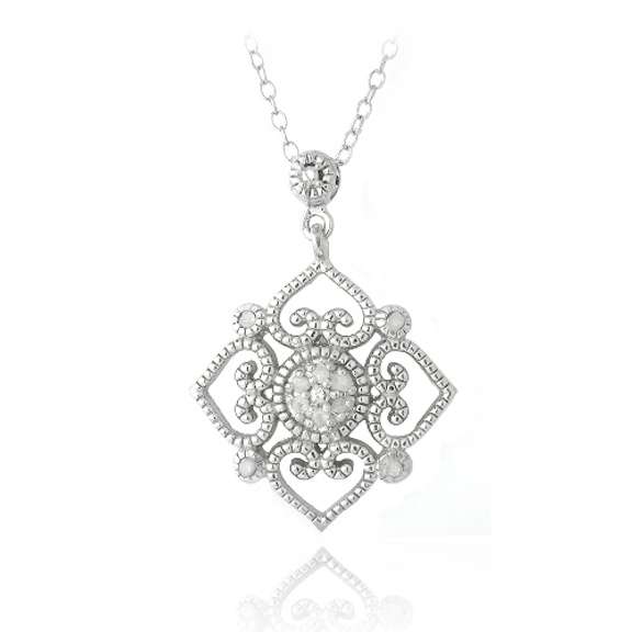Sterling Silver 1/10ct Diamond Heart Flower Filigree Dangle Necklace