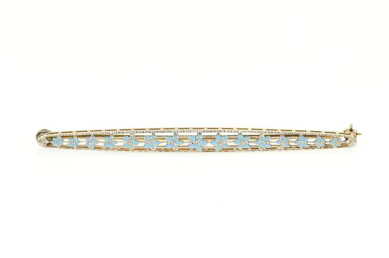 14K Yellow Gold Art Deco Blue Enamel Daisy Flower Bar Pin/Brooch