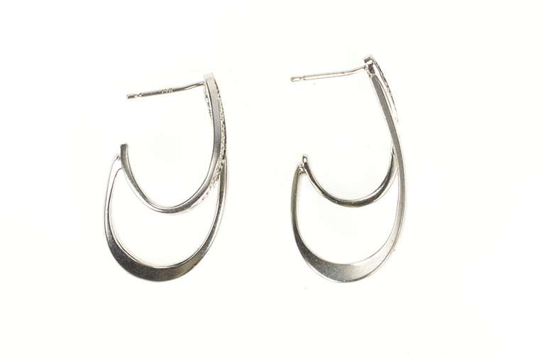 14K White Gold Diamond Curved Wavy Semi Hoop Dangle Earrings