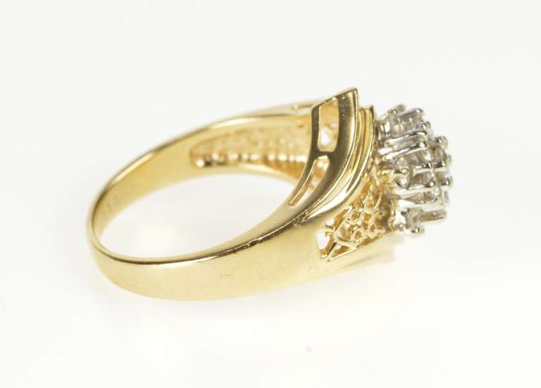 14K Yellow Gold Round Diamond Cluster Scroll Filigree Statement Ring