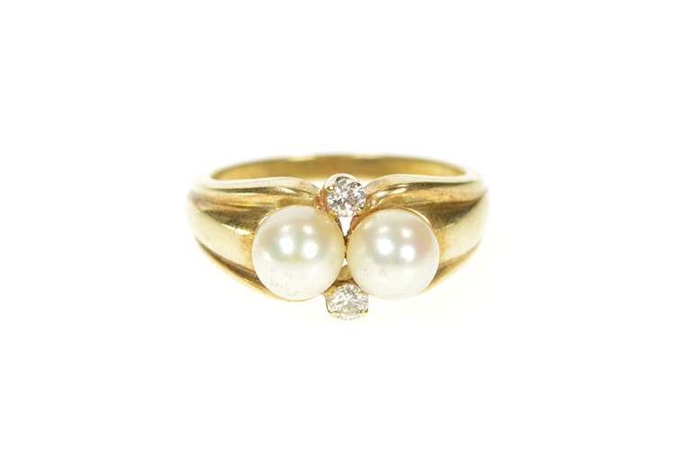 14K Yellow Gold Retro Two Pearl Diamond Accent Statement Ring