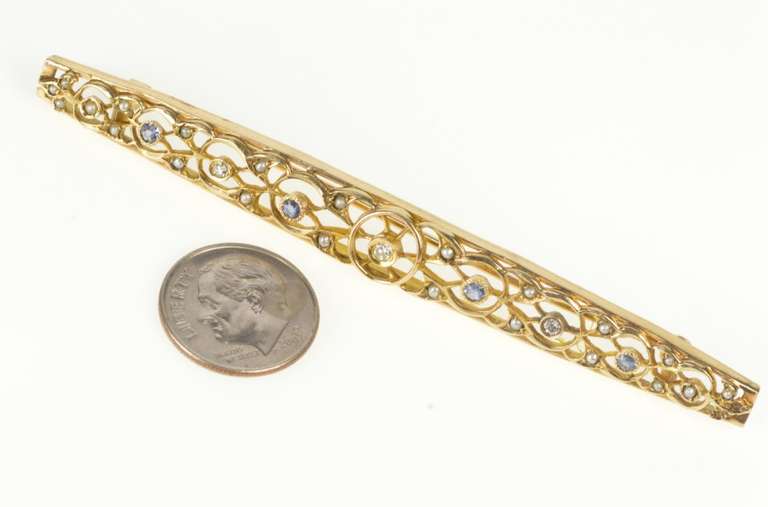 14K Yellow Gold 0.30 Ctw Diamond Sapphire Victorian Bar Pin/Brooch