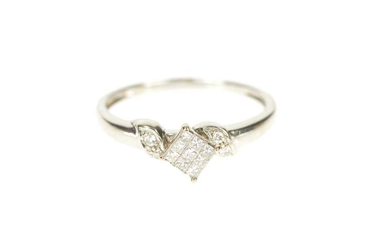 14K White Gold Princess Diamond Cluster Accent Engagement Ring