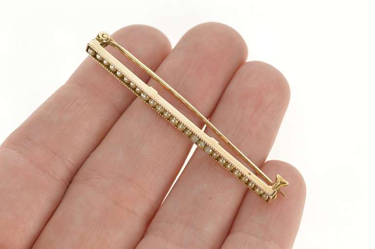 10K Yellow Gold Victorian Seed Pearl Inset Ornate Bar Pin/Brooch