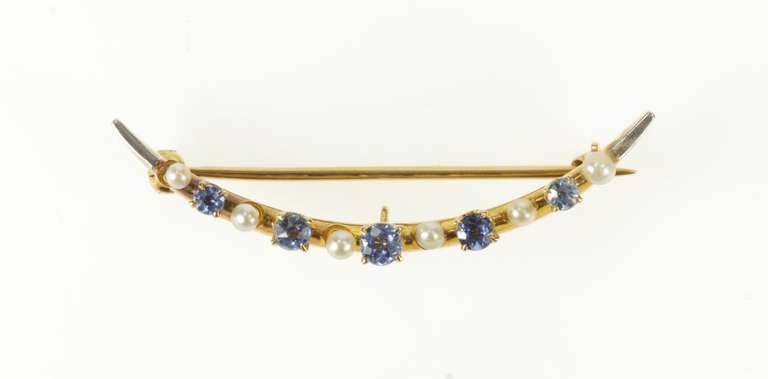 14K Yellow Gold Victorian Seed Pearl Syn. Sapphire Moon Pin/Brooch