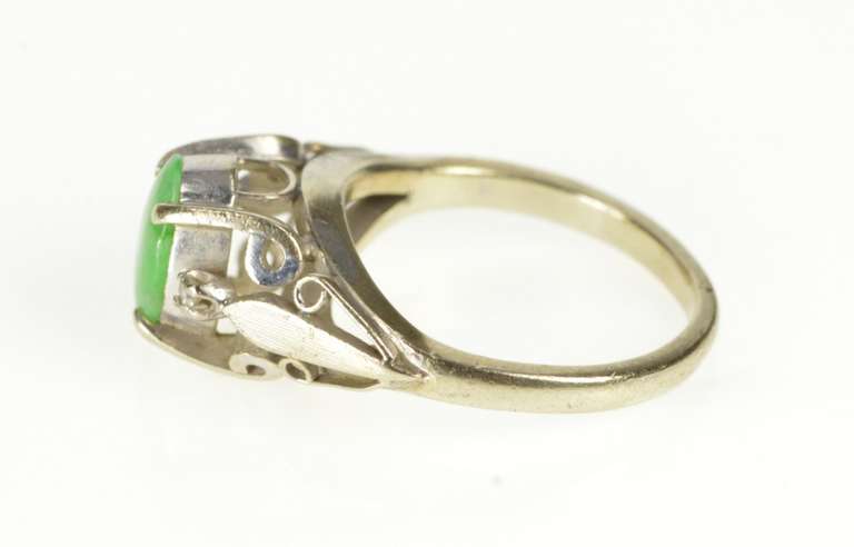 14K White Gold Oval Jade Diamond Accent Ornate Scroll Design Ring