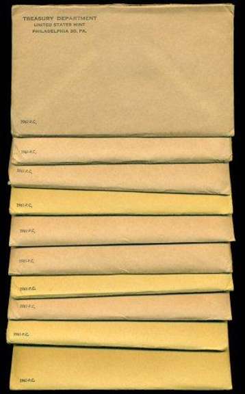 10 Fresh UNOPENED 1961 US Silver Proof Sets. Scarce