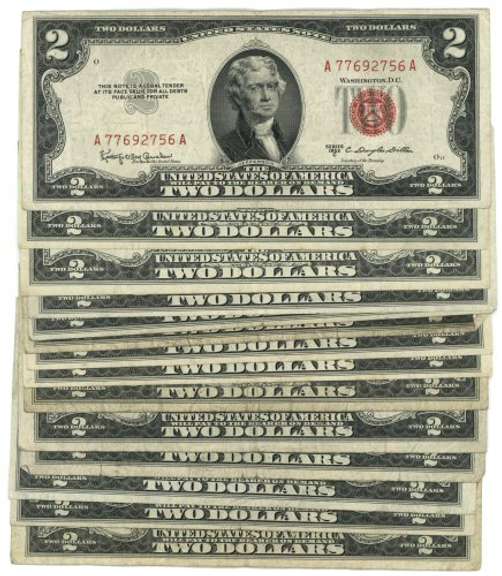 14 mixed 1953 & 1963 Series $2 Red Seal Notes