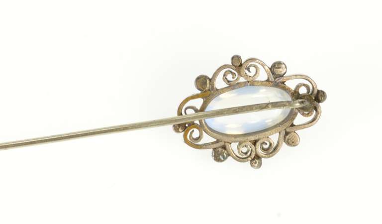 Sterling Silver Oval Moonstone Scroll Swirl Filigree Stick Pin