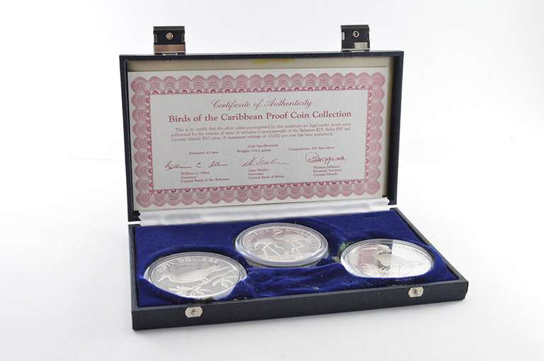 1985 Birds Of The Caribbean Silver Proof 3-Coin Collection - Box & COA
