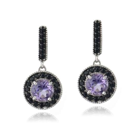 Sterling Silver 2.5ct Amethyst & Black Spinel Round Dangle Earrings
