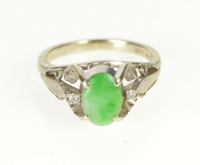 14K White Gold Oval Jade Diamond Accent Ornate Scroll Design Ring