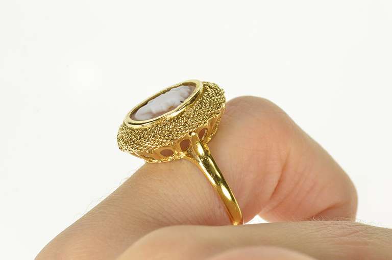 18K Yellow Gold Ornate Lady Carved Cameo Woven Halo Ring