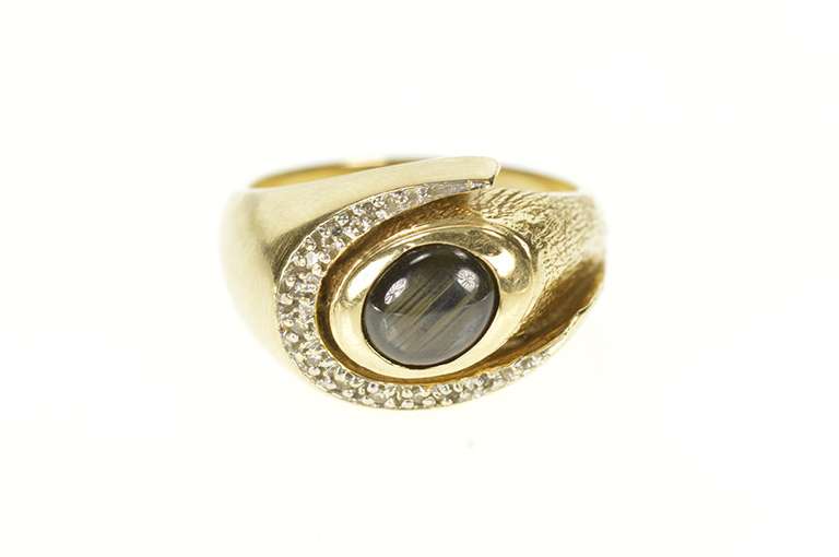 14K Yellow Gold Retro Black Star Sapphire Diamond Statement Ring