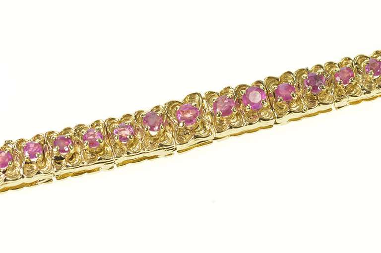14K Yellow Gold Retro Floral Link Ruby Encrusted Statement Bracelet