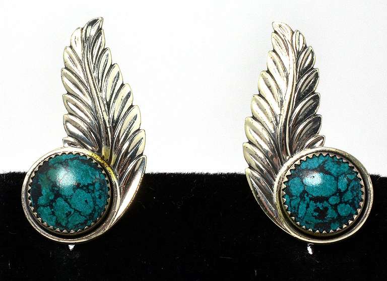 Sterling Silver Turquoise Feather Earrings