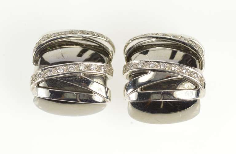 18K White Gold Two Tone X Pattern Criss Cross Statement Clip Earrings
