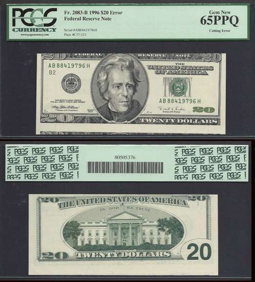 $20=1996=FRN=Fr-2083-G=CUTTING ERROR=PCGS GEM NEW 65 PPQ