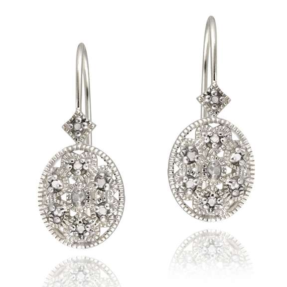 Sterling Silver Diamond Accent Filigree Oval Leverback Earrings