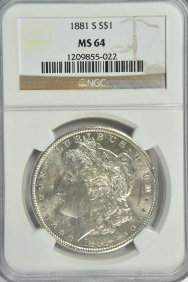 Great near Gem 1881-S Morgan Silver Dollar. NGC MS64