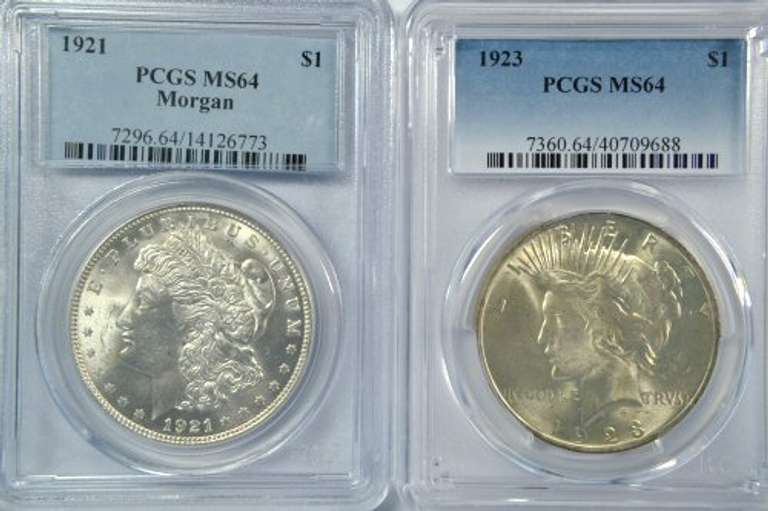 PCGS MS64 graded 1921 Morgan & 1923 Peace Silver Dollar
