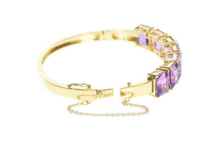 14K Yellow Gold Emerald Cut Amethyst Diamond Inset Bangle Bracelet