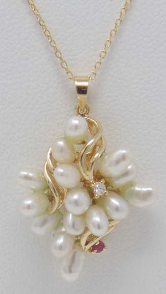 Fantastic 14kt YG Pearl, Ruby, and Diamond Accent Cluster Necklace
