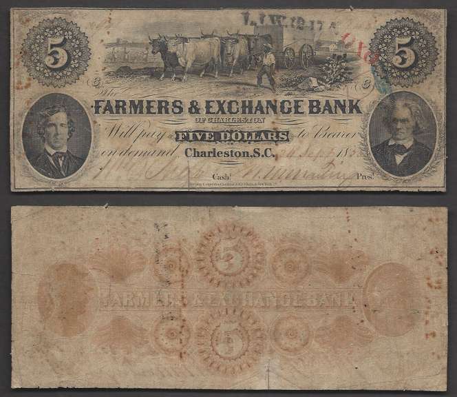 $5 1853 Obsolete Farmers & Exchange Bank Charleston SC