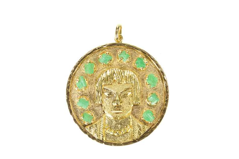 18K Yellow Gold Ornate Stylized Peruvian Face Raw Emerald Pendant