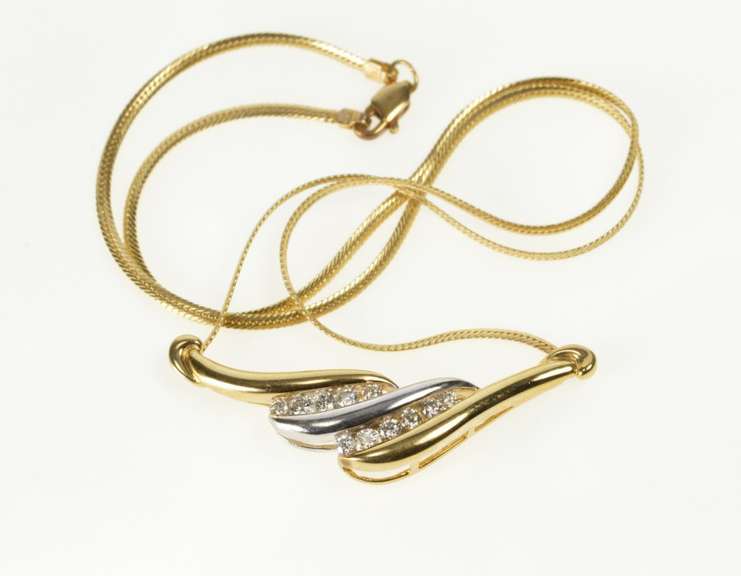 14K Yellow Gold Two Tone Diamond Wavy Channel Herringbone Necklace