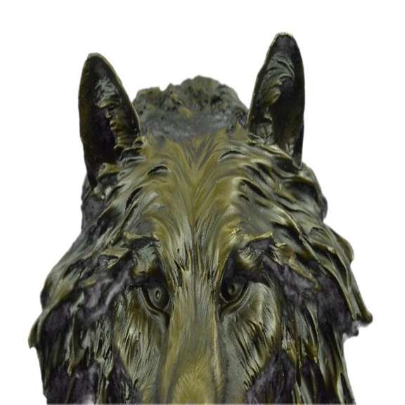 Wolf Head Bust Wild Life Figurine Marble Base Bronze Statue