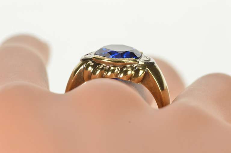 10K Yellow Gold Men's Retro Syn. Sapphire Diamond Statement Ring