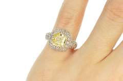 14K White Gold Cushion Yellow Pave Halo Travel Engagement Ring