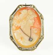 14K White Gold Diamond Necklace Cameo Victorian Filigree Pendant/Pin