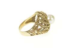 10K Yellow Gold Retro Rope Leaf Twist Pearl Cocktail Statement Ring