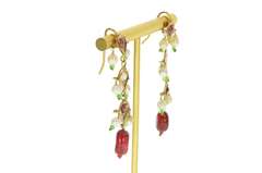 14K Yellow Gold Victorian Ruby Pearl Tourmaline Fringe Dangle Earrings