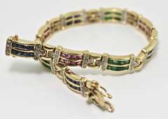 Colorful 14K Emerald, Sapphire, Ruby and Diamond  Bracelet