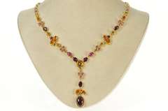 18K Yellow Gold Tourmaline Citrine Floral Drop Statement Necklace