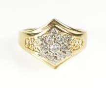 14K Yellow Gold Round Diamond Cluster Scroll Filigree Statement Ring