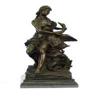 Woman and Swan Bronze Statue on Marble Base Sculpture