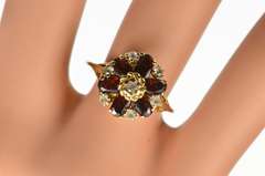14K Yellow Gold Oval Garnet CZ Floral Cluster Cocktail Ring