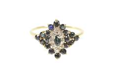 14K Yellow Gold Oval Sapphire Diamond Halo Cluster Cocktail Ring