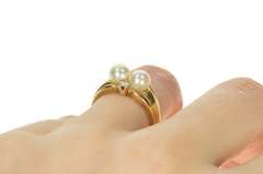 14K Yellow Gold Retro Two Pearl Diamond Accent Statement Ring
