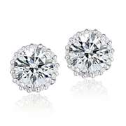 Platinum Plated Sterling Silver 100 Facets Cubic Zirconia Halo Stud Earrings (2cttw)