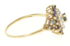 14K Yellow Gold Oval Sapphire Diamond Halo Cluster Cocktail Ring