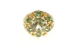 14K Yellow Gold 1960's Ornate Quartz Emerald Halo Cocktail Ring